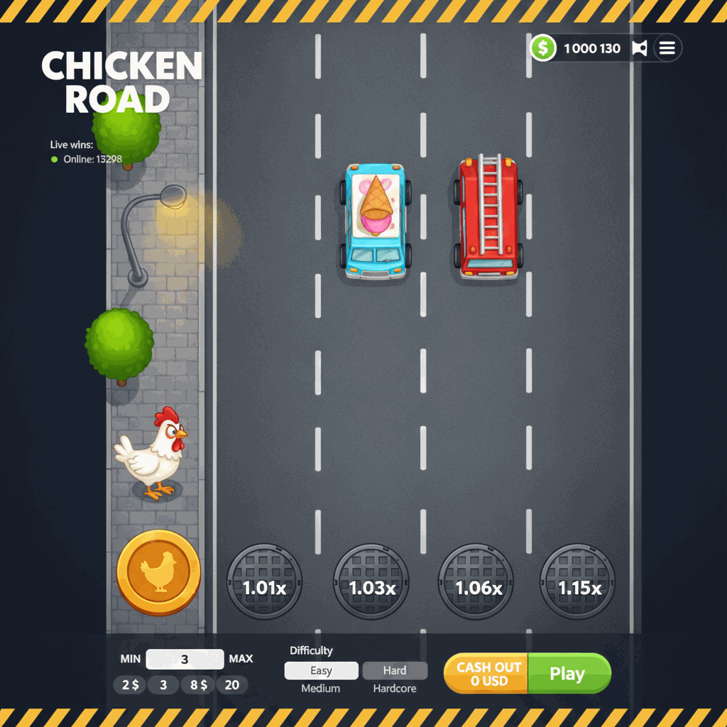 Schermata di gioco Chicken Road con un pollo bianco che attraversa una strada a più corsie vista dall'alto, con moltiplicatori sui tombini e veicoli in movimento sulle corsie